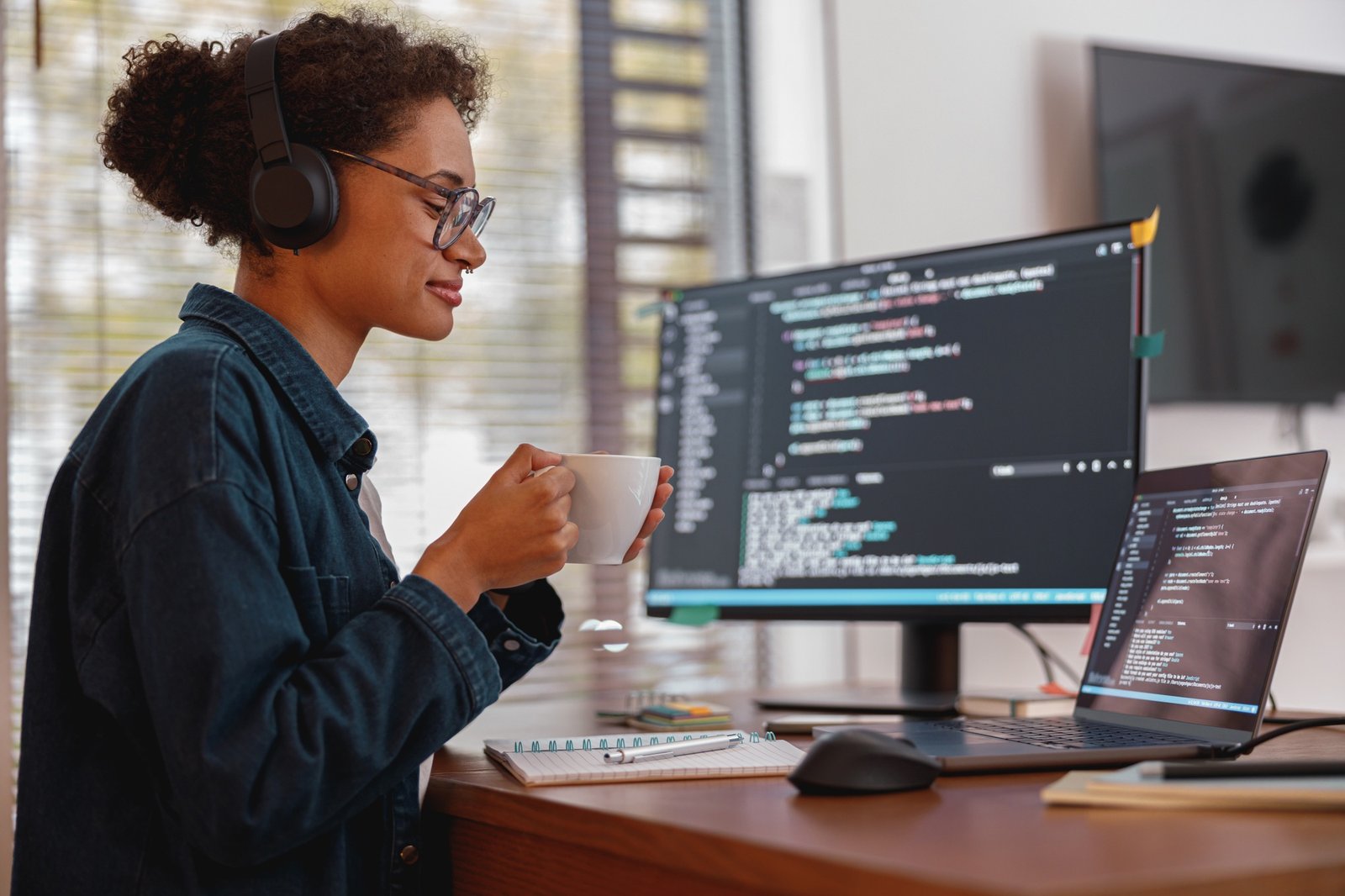 Mujer con audífonos y gafas trabaja en una computadora con líneas de código en la pantalla mientras sostiene una taza de café en una oficina.